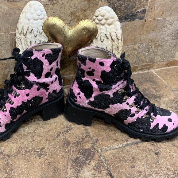 Calf Hair Leopard pink and Black Combat Boots - Picture 3 of 5